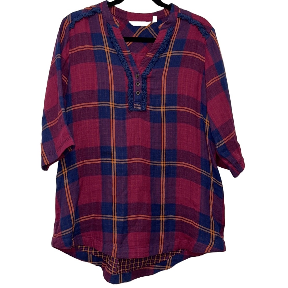 Soft Surroundings Red Blue Plaid Boho Pullover Blouse Tunic Size M